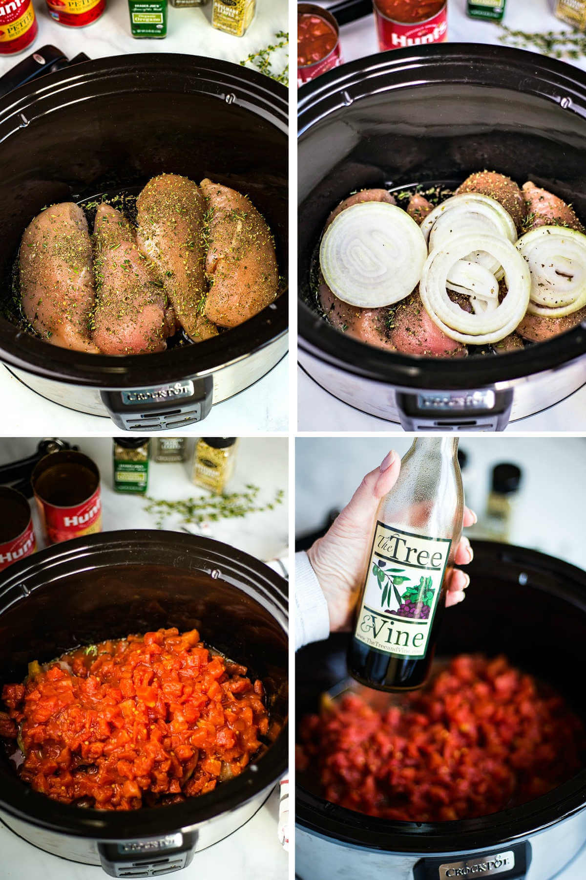 layering ingredients for balsamic chicken into a slow cooker.