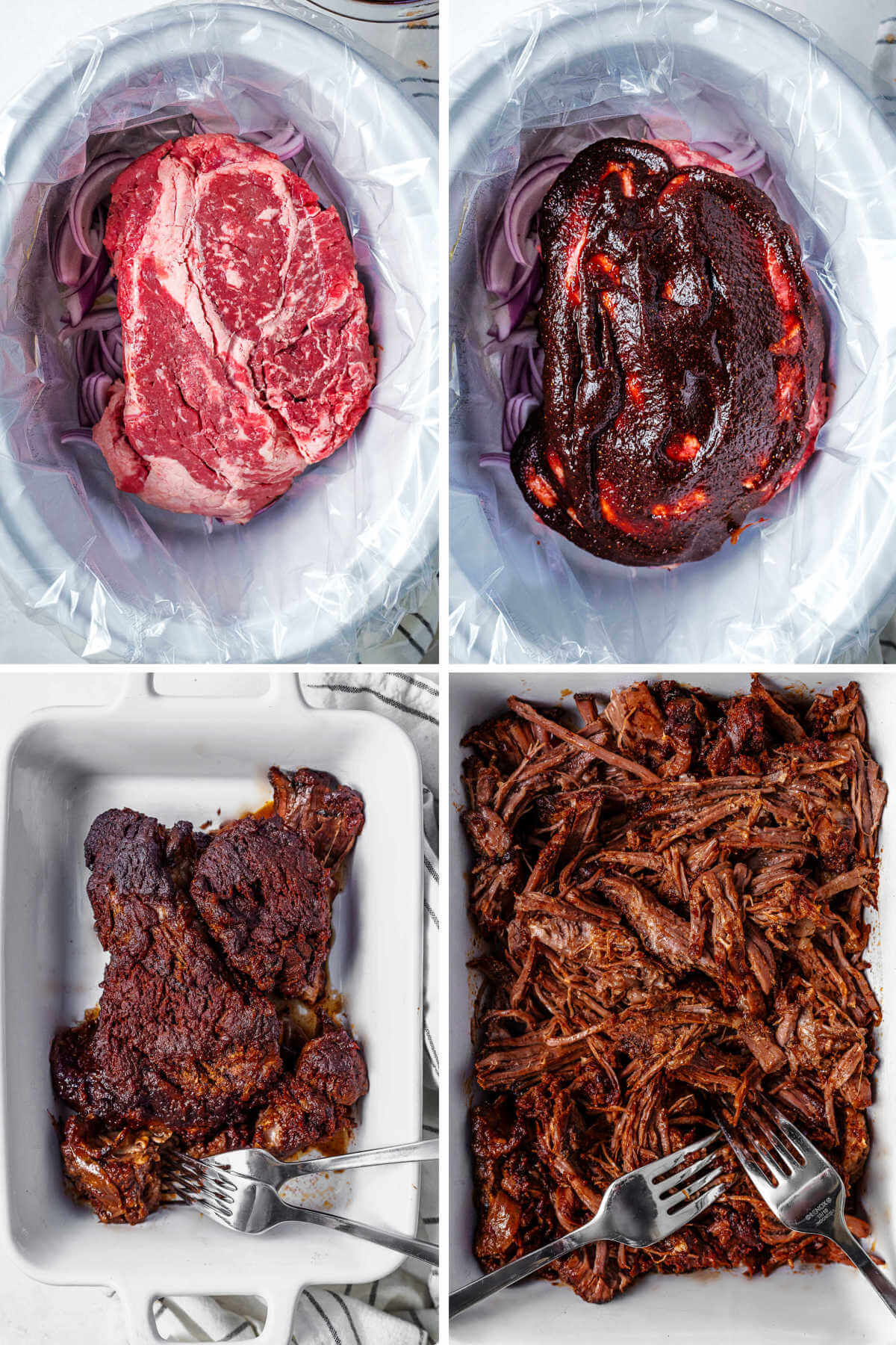a chuck roast in a slow cooker; brushing spice rub on top of roast; cooked beef in a dish; shredding beef with two forks.
