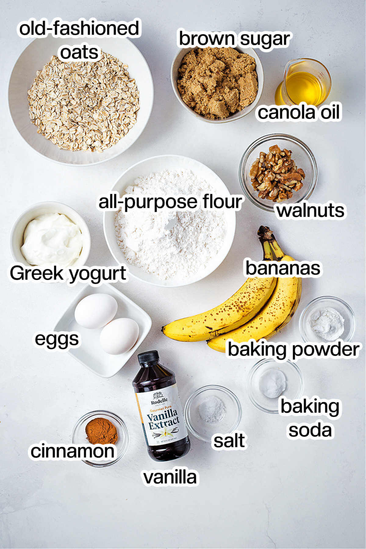 Ingredients for banana muffins on a table.