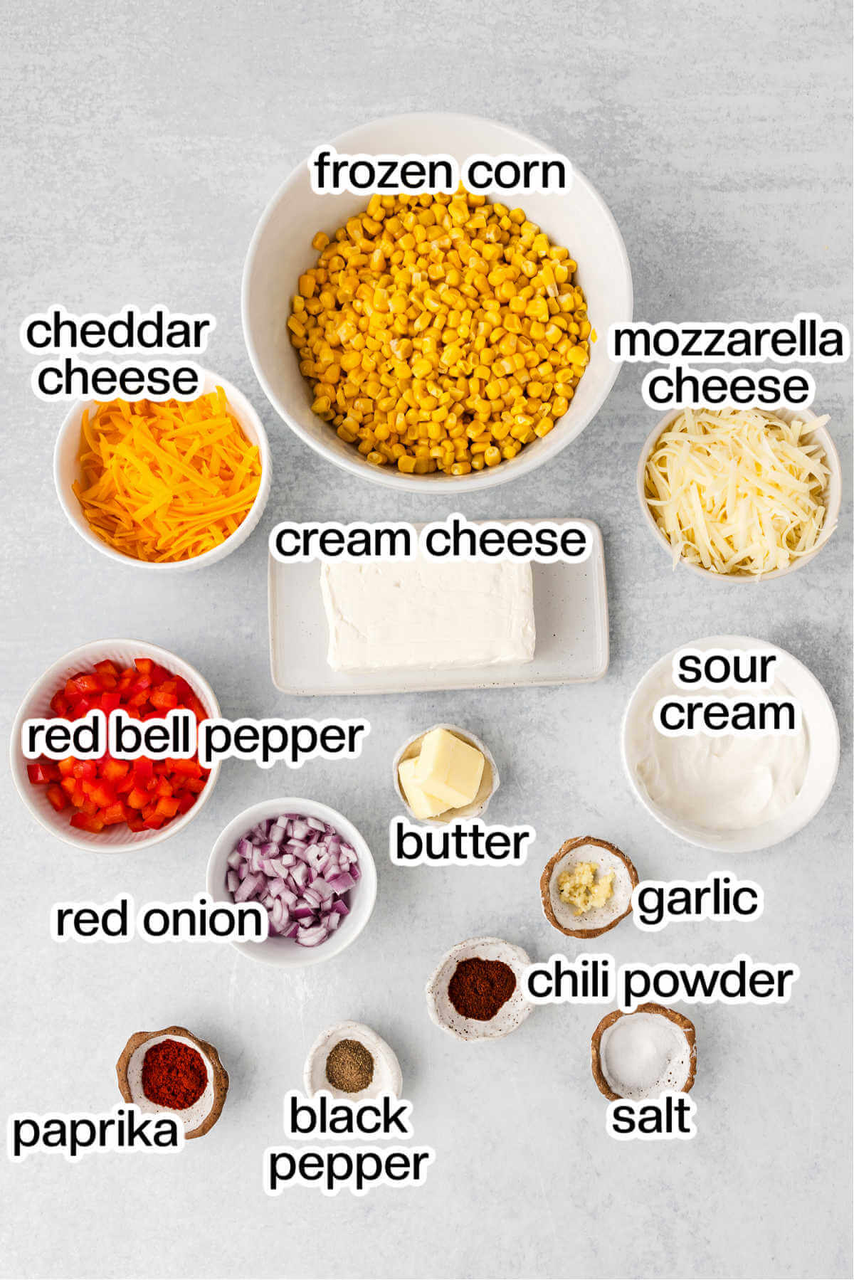 Ingredients for corn dip on a table.