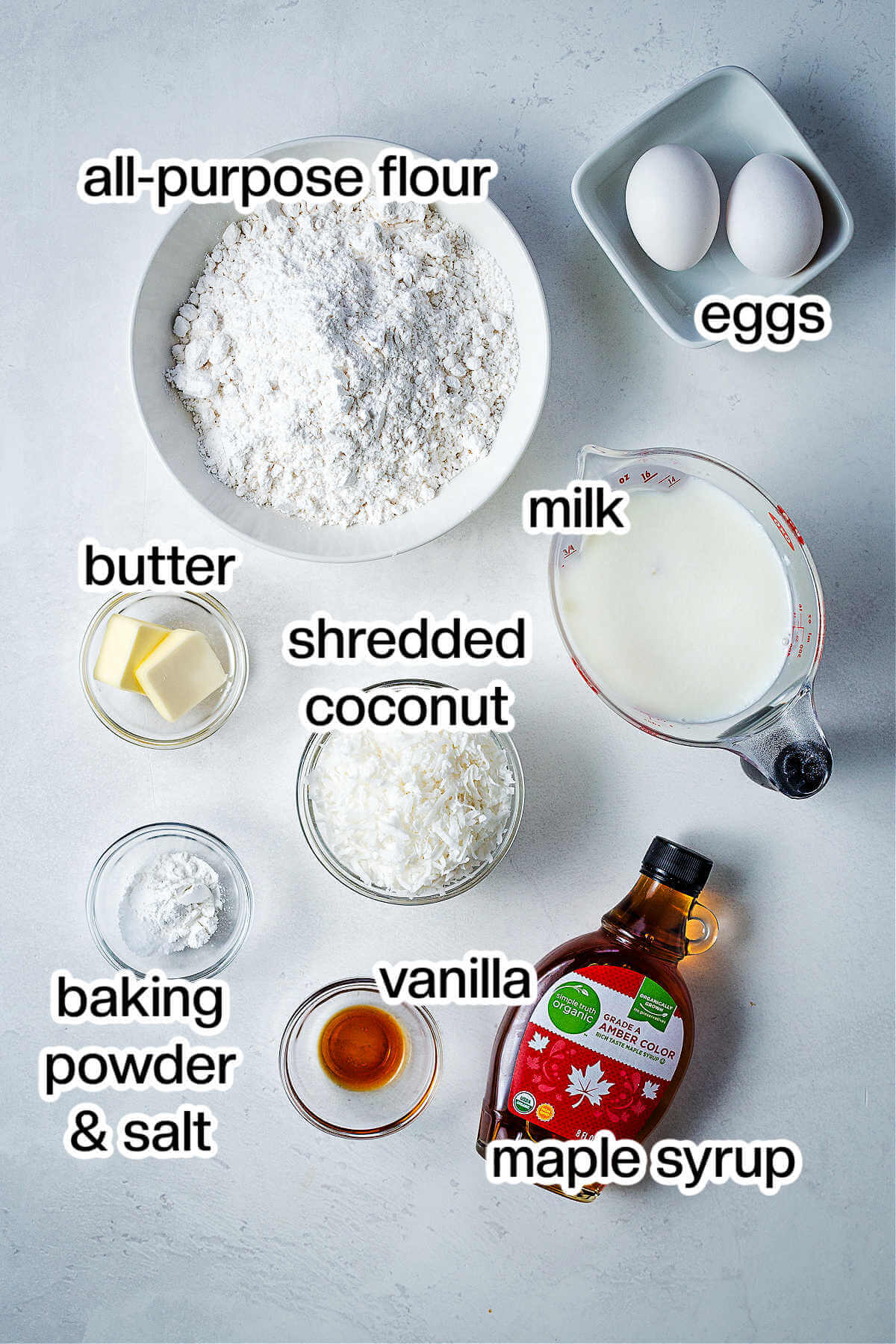 Ingredients for coconut pancakes on a table.