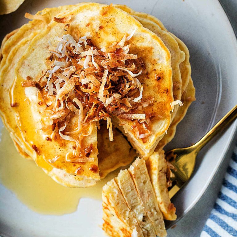 Fluffy Toasted Coconut Pancakes with Maple Syrup