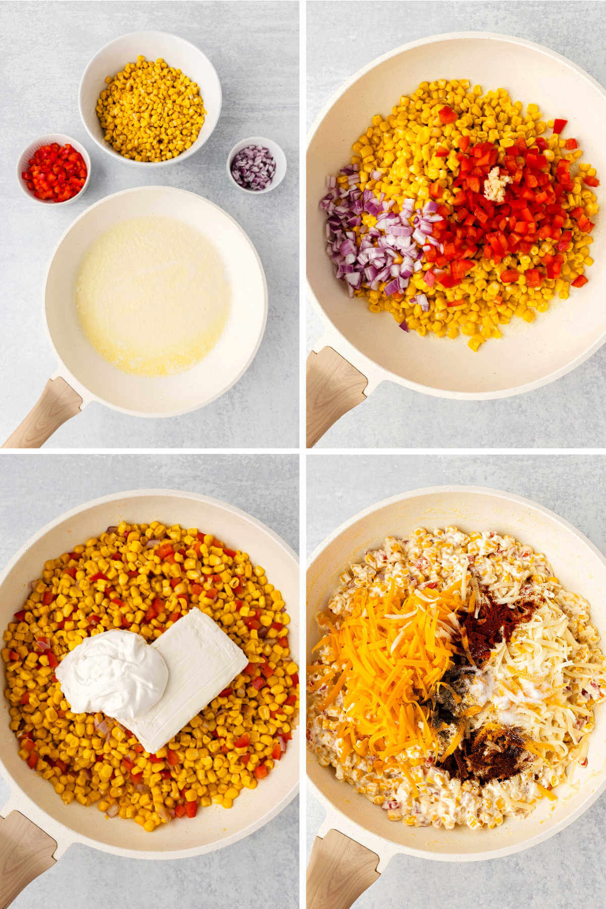 Process steps for combining ingredients for baked corn dip.