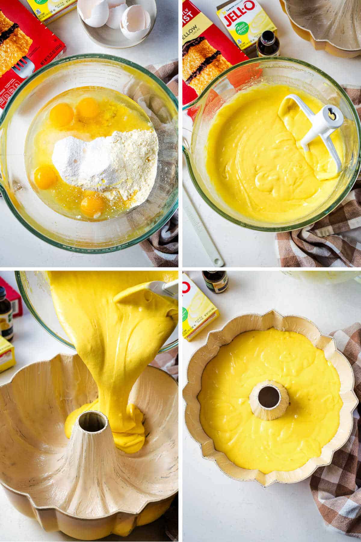 Process steps for mixing together ingredients for orange cake batter; pouring cake batter into a bundt pan.