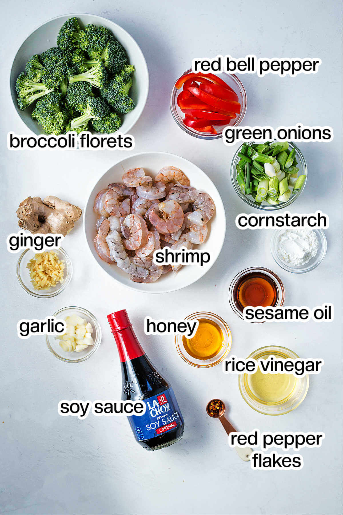 ingredients for shrimp stir fry on a table.