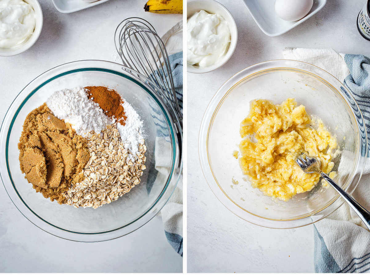 Process steps for making muffins with ripe bananas: whisk together dry ingredients; mash bananas with a fork;.