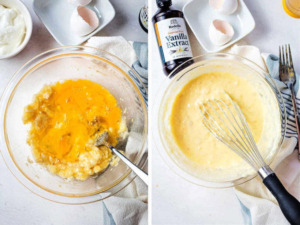 Process steps for making muffins with ripe bananas: stir in egg and wet ingredients.