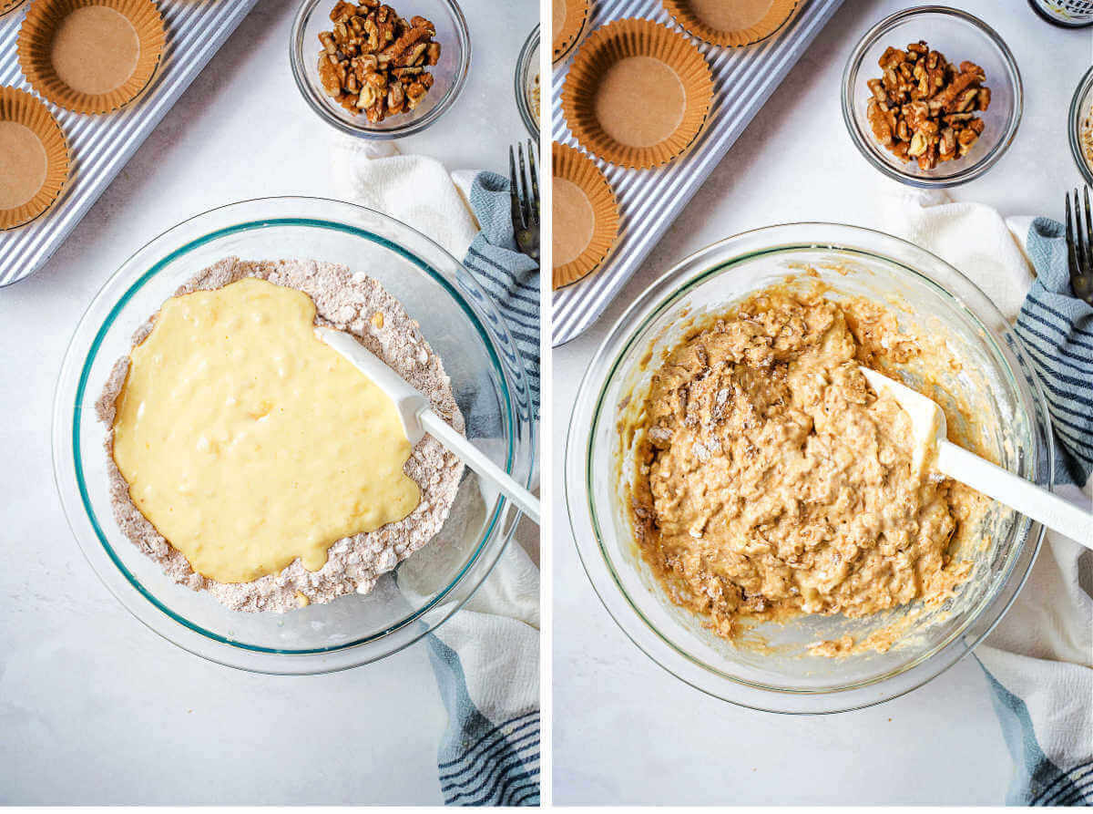 Combining wet and dry ingredients in a mixing bowl.