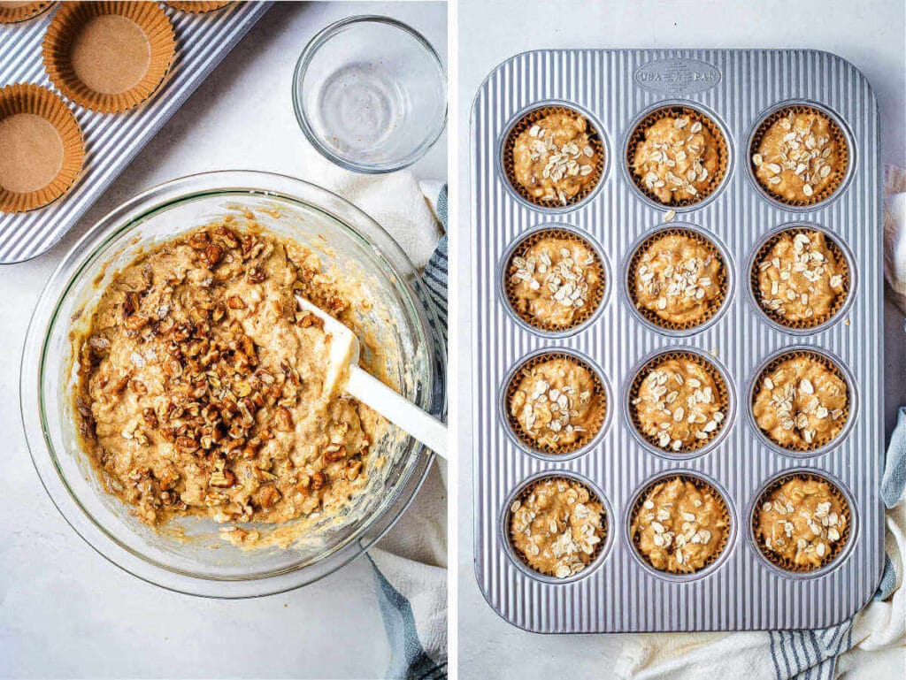 Muffin batter in a muffin pan ready for the oven.