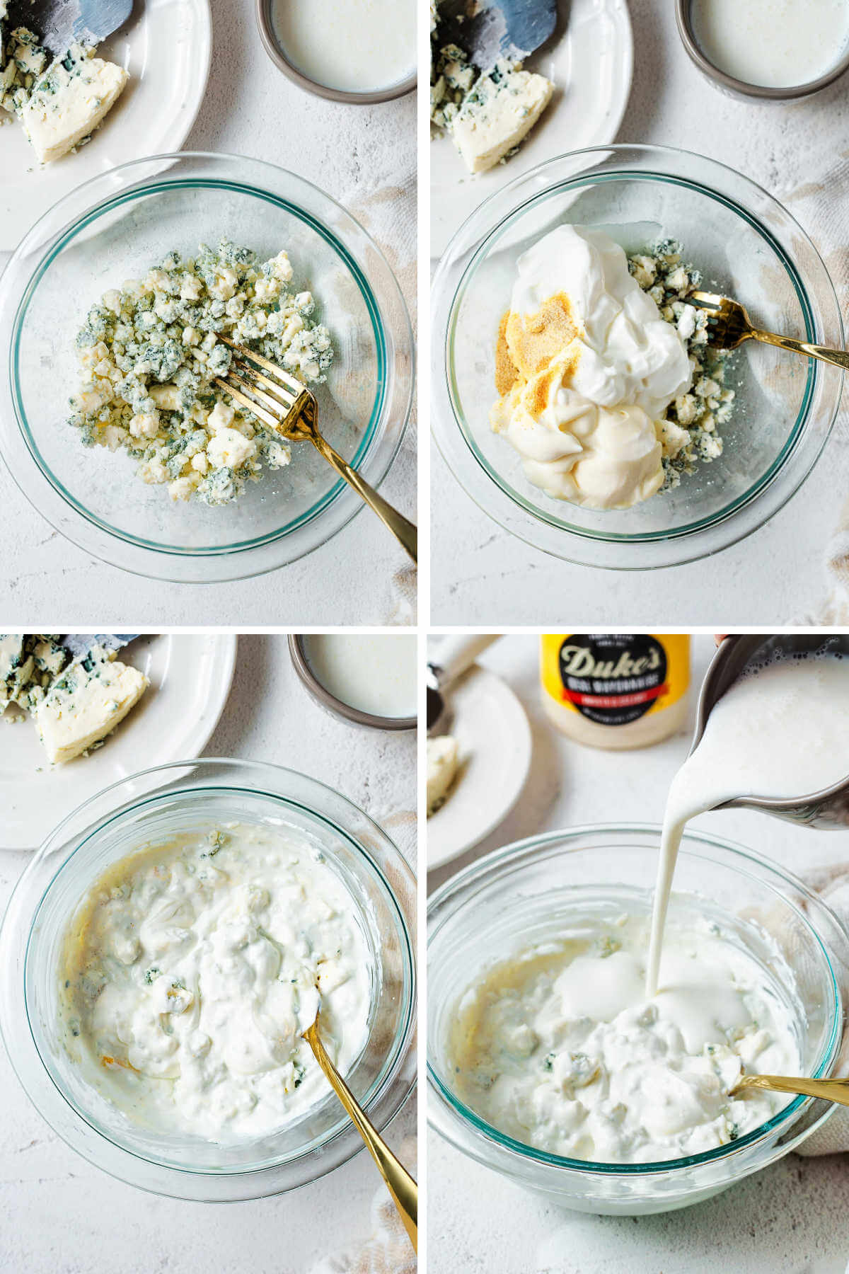 Combining ingredients for blue cheese dressing in a glass bowl.