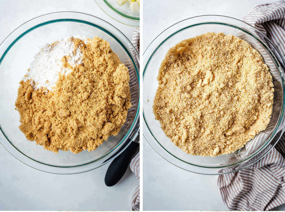 Side by side image showing making a brown sugar crust.