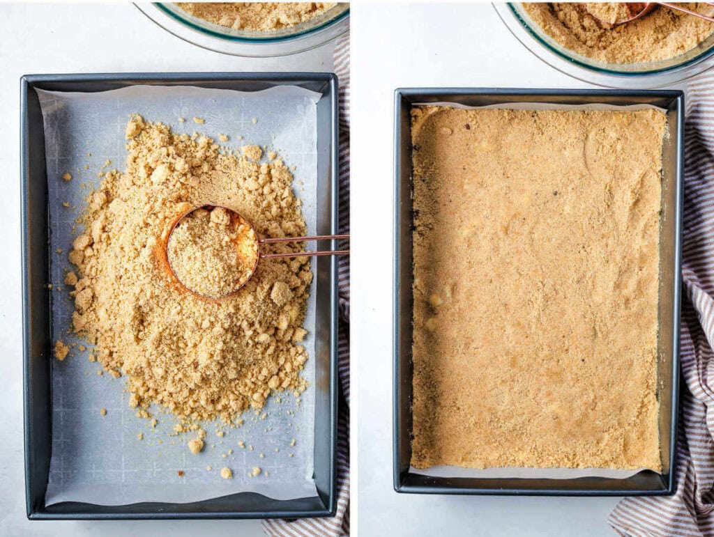 Side by side image showing pressing a brown sugar crust into a baking pan.