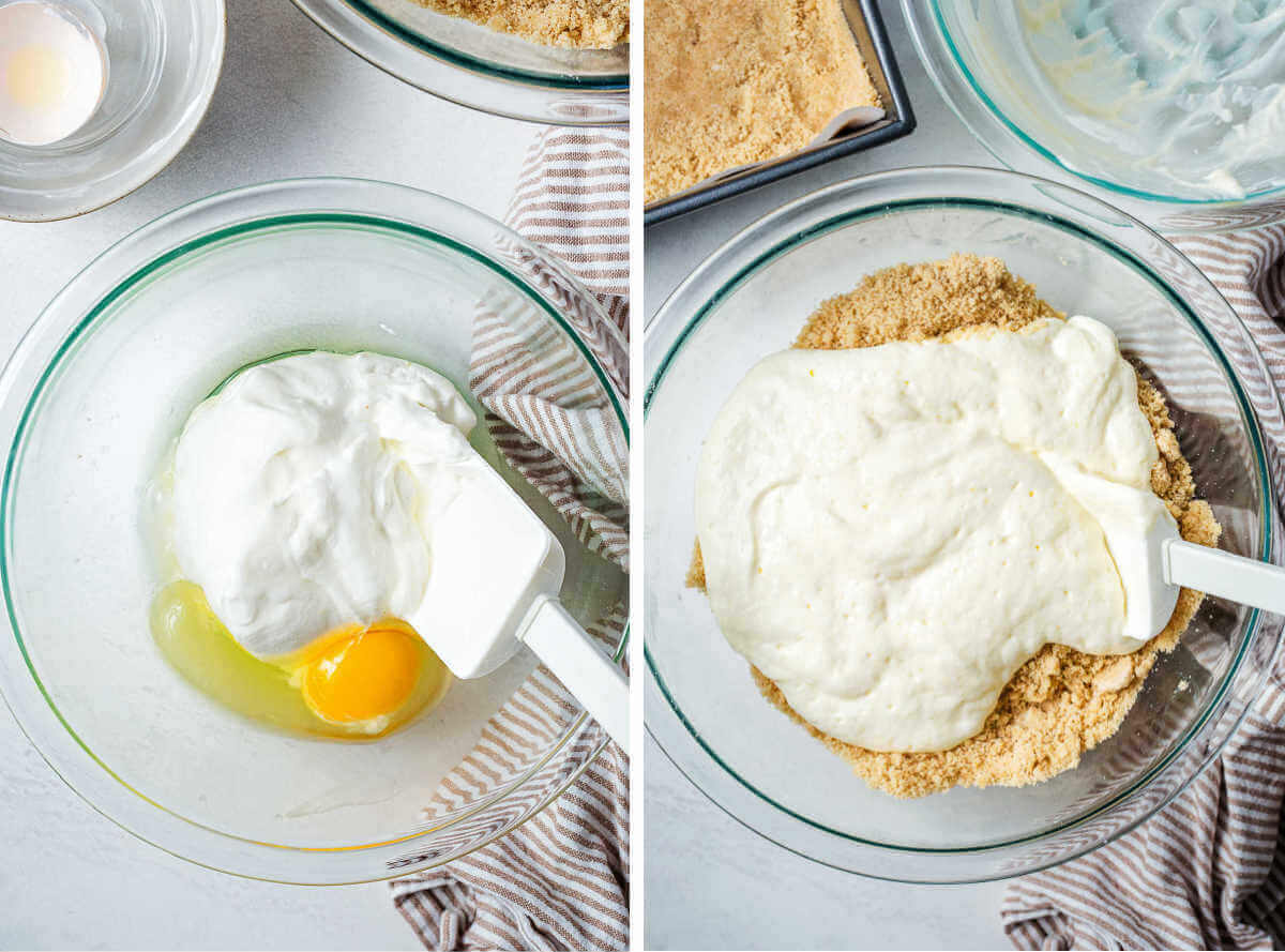 Side by side image showing stirring sour cream, egg, and baking soda together in a bowl.