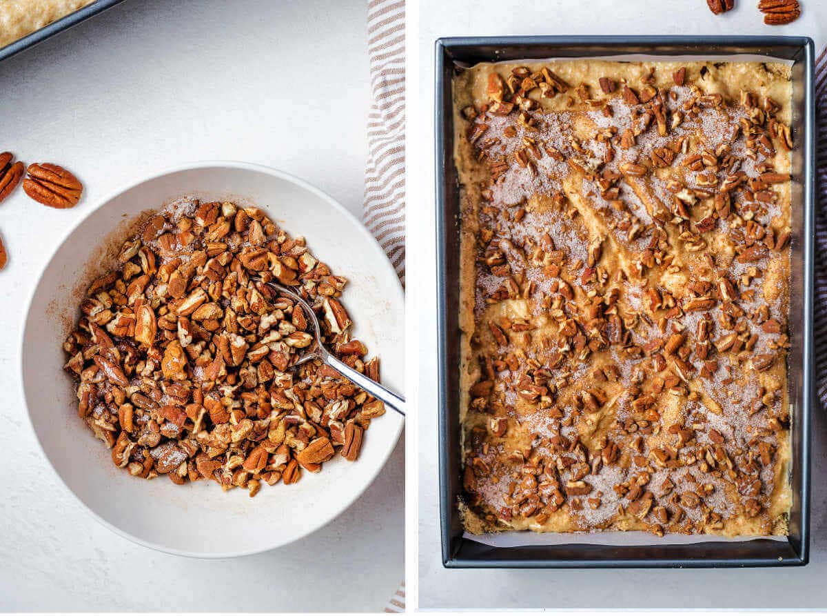 adding a pecan sugar crumble to the top of coffee cake batter; pouring a glaze on top of a baked coffee cake.