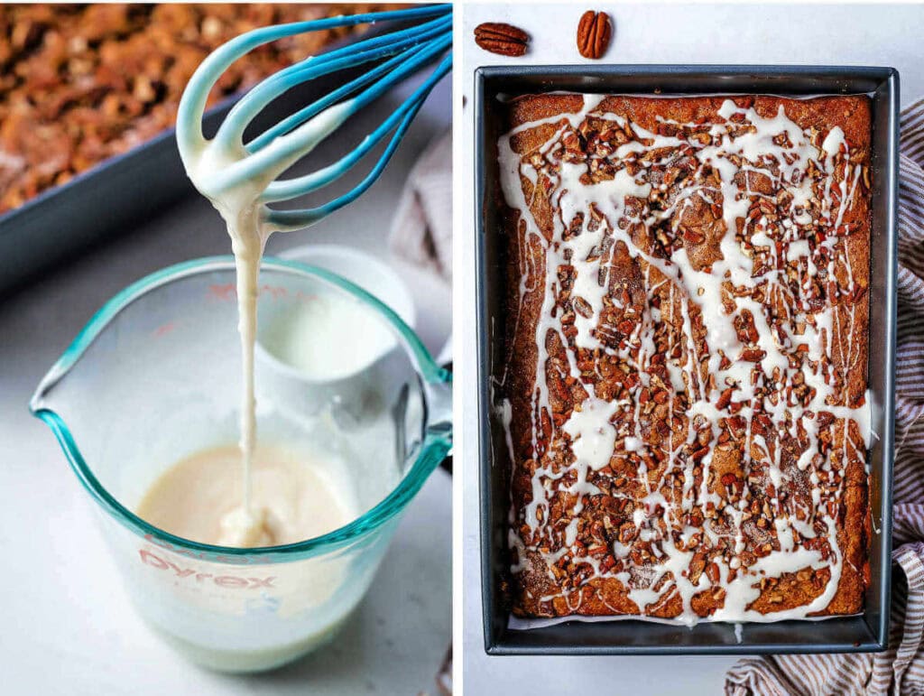 adding a pecan sugar crumble to the top of coffee cake batter; pouring a glaze on top of a baked coffee cake.