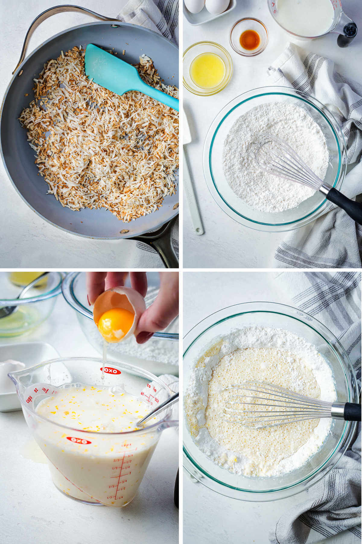 Process steps for making pancake batter: toasted coconut in a pan; whisking dry ingredients; combining wet ingredients.