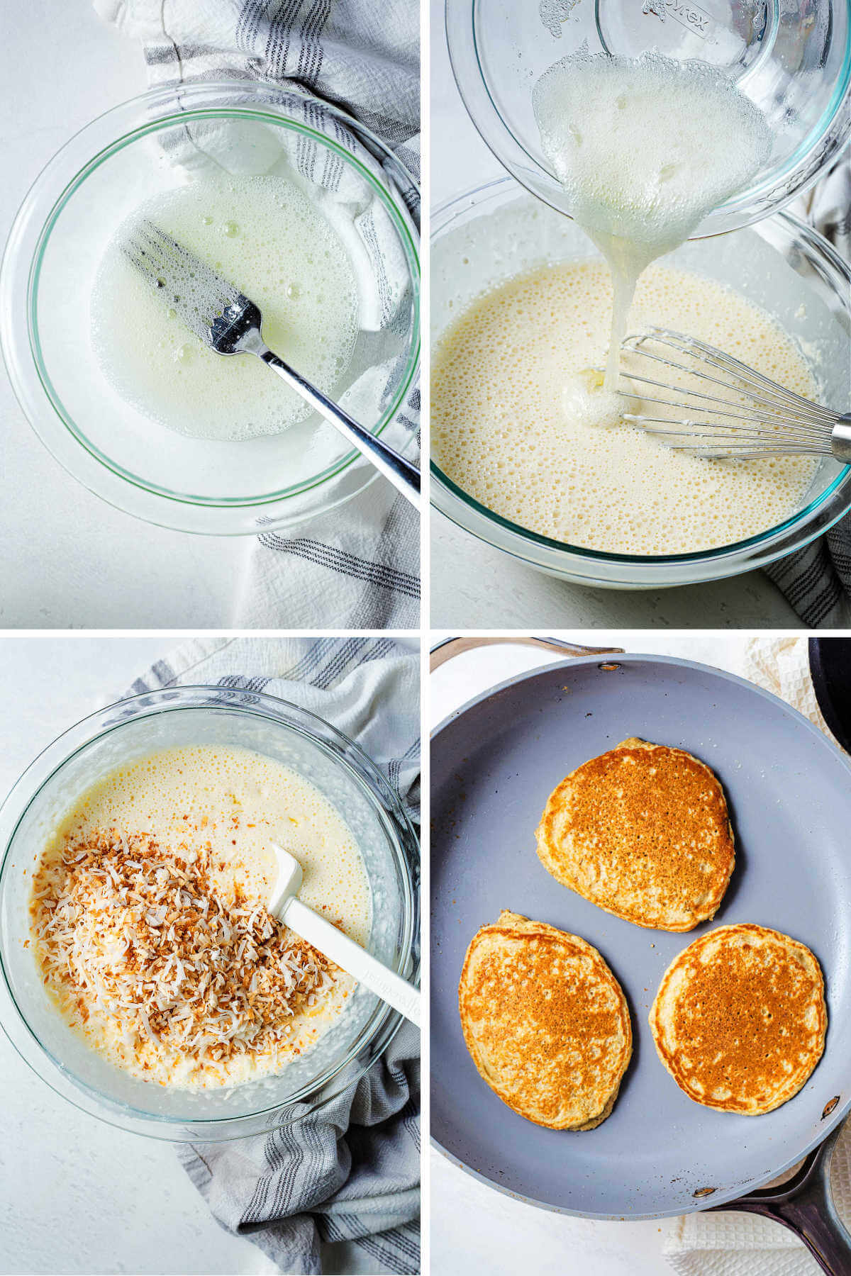 Final steps for making coconut pancakes: froth egg whites and add to batter; fold in toasted coconut; cook in a skillet.