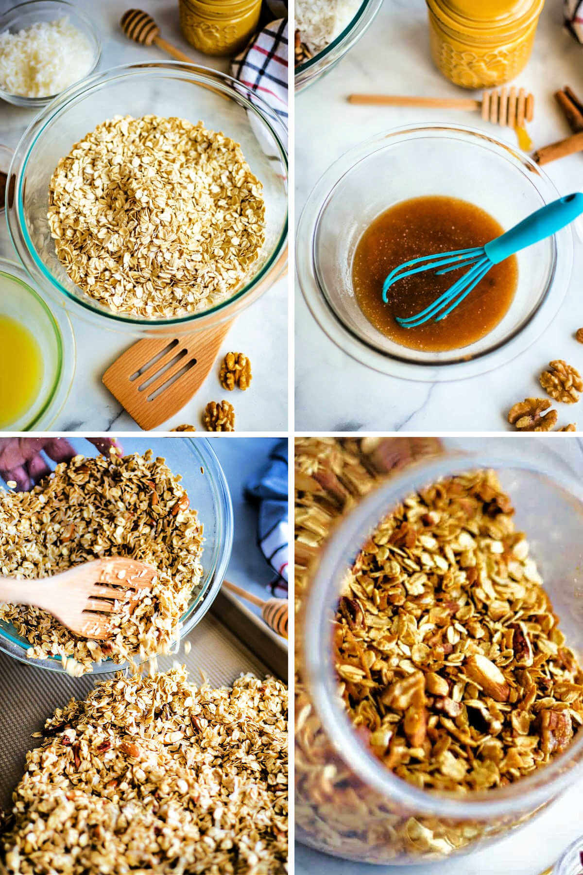 Process steps for making nut granola; stirring together melted butter, honey, and cinnamon; coating the granola and pouring onto a baking sheet.