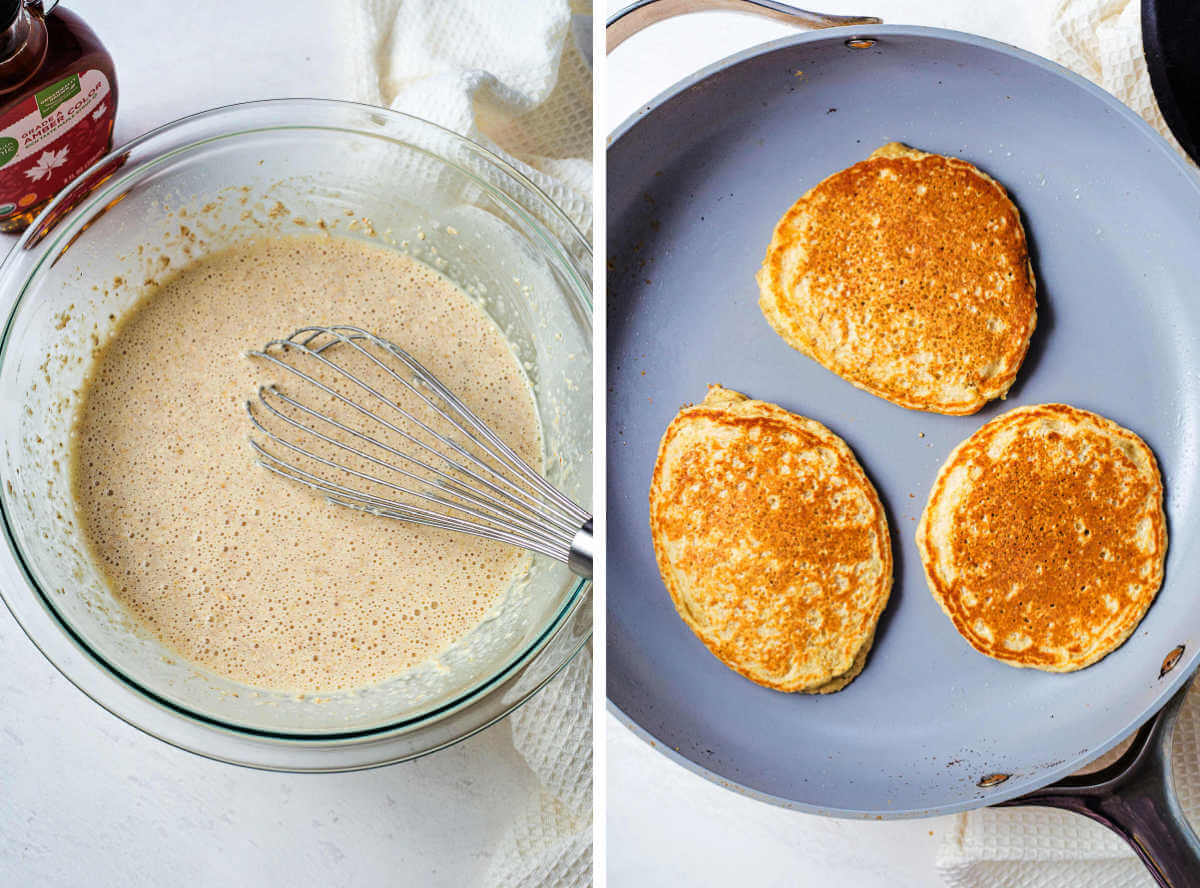 A bowl of pancake batter; pancakes in a skillet.