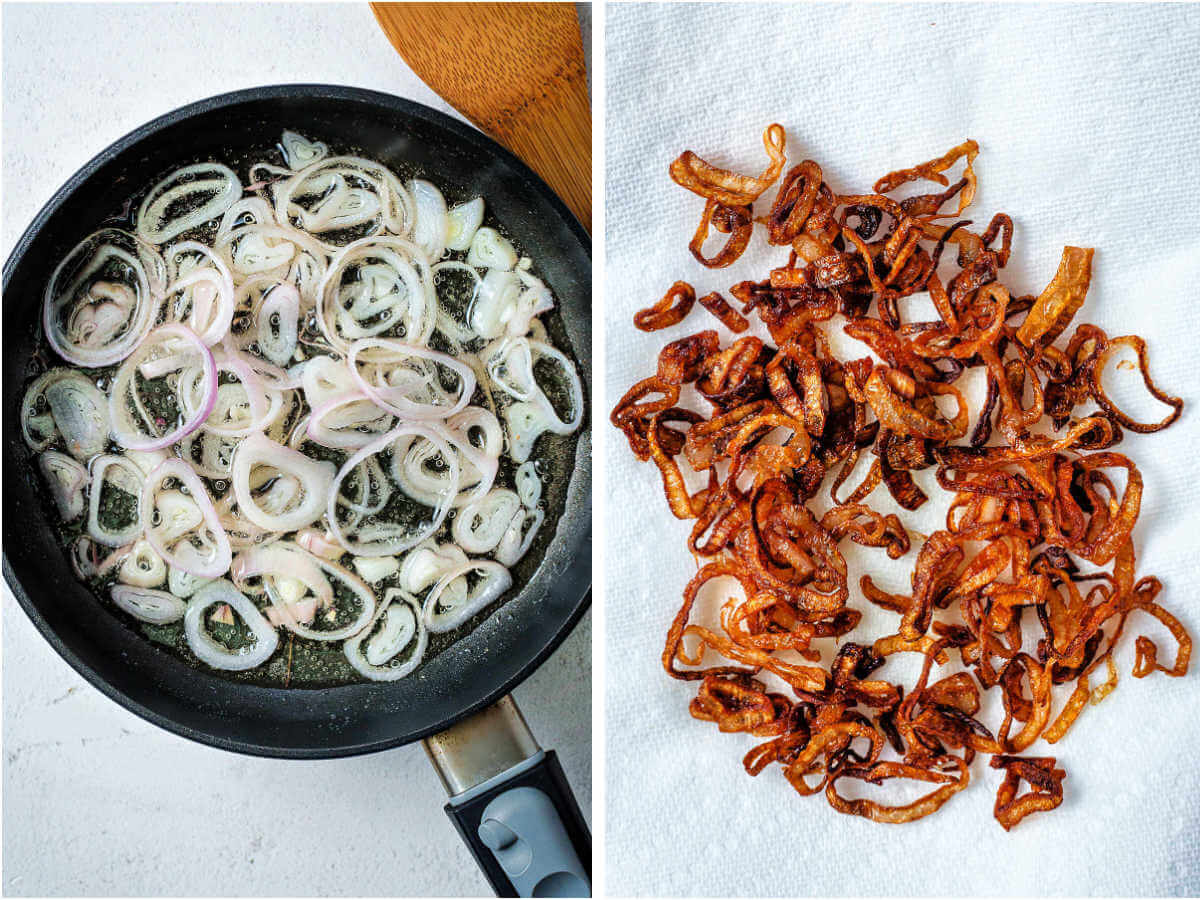 Frying sliced shallots in oil in a pan; fried shallots on a paper towel lined plate.