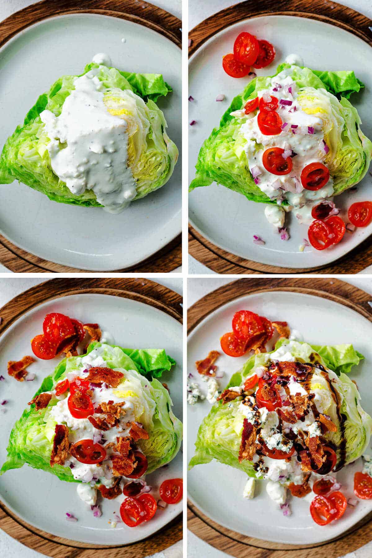Layering blue cheese dressing over a wedge of lettuce; a wedge of lettuce on a plate with dressing, tomatoes, onions, and bacon.
