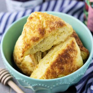Buttermilk Scones in a bowl on a table.