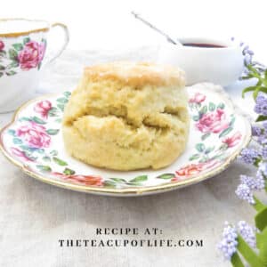 An English scone on a china plate with a tea cup on a table.