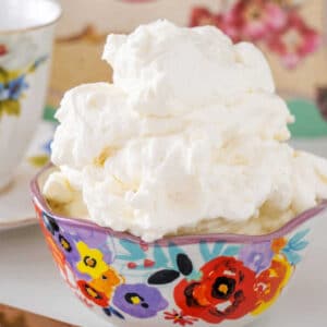Clotted Cream piled high in a floral bowl.