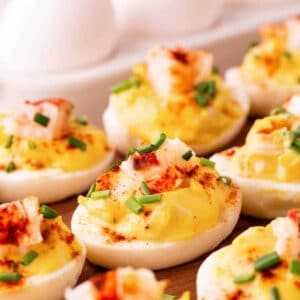 Lobster Deviled Eggs on a platter on a table.