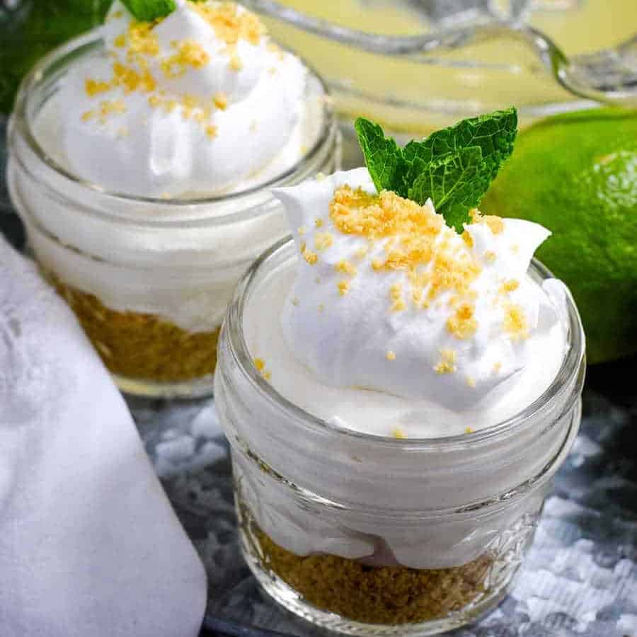 No bake key lime pie in a jar on a table.