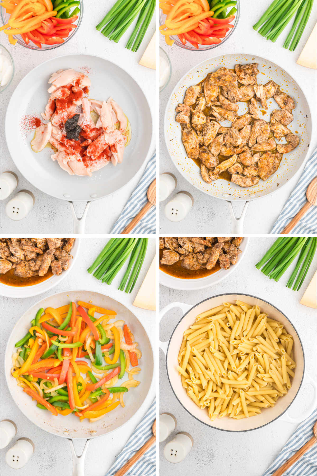 Process steps for making jerk chicken pasta: season the chicken; cook chicken and bell peppers; drain cooked pasta and keep warm.