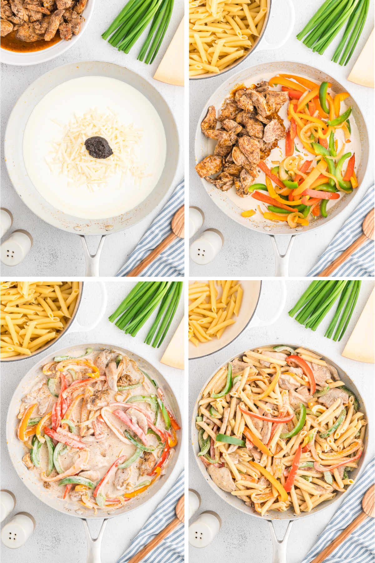 Process steps for making jerk chicken pasta: make the sauce; add cooked chicken and bell peppers.