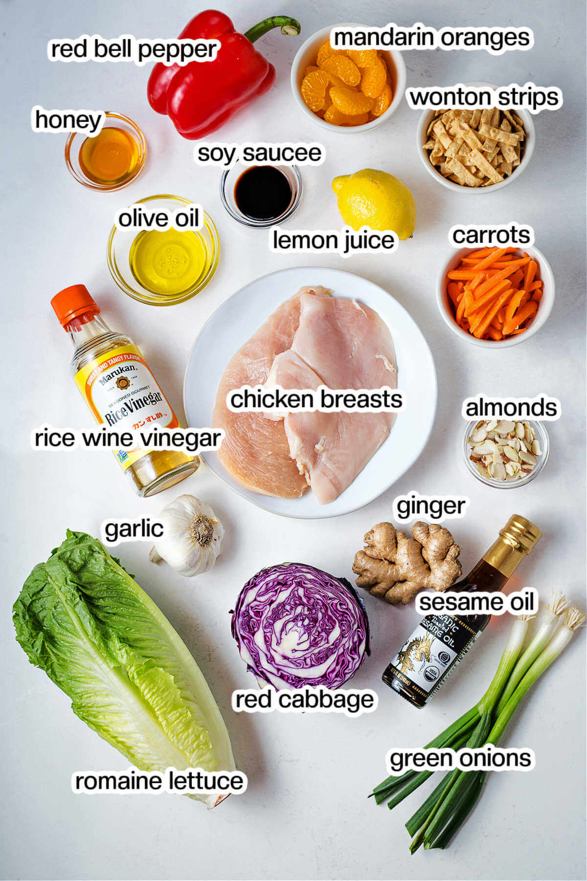 Ingredients for Asian Chicken Salad on a table.
