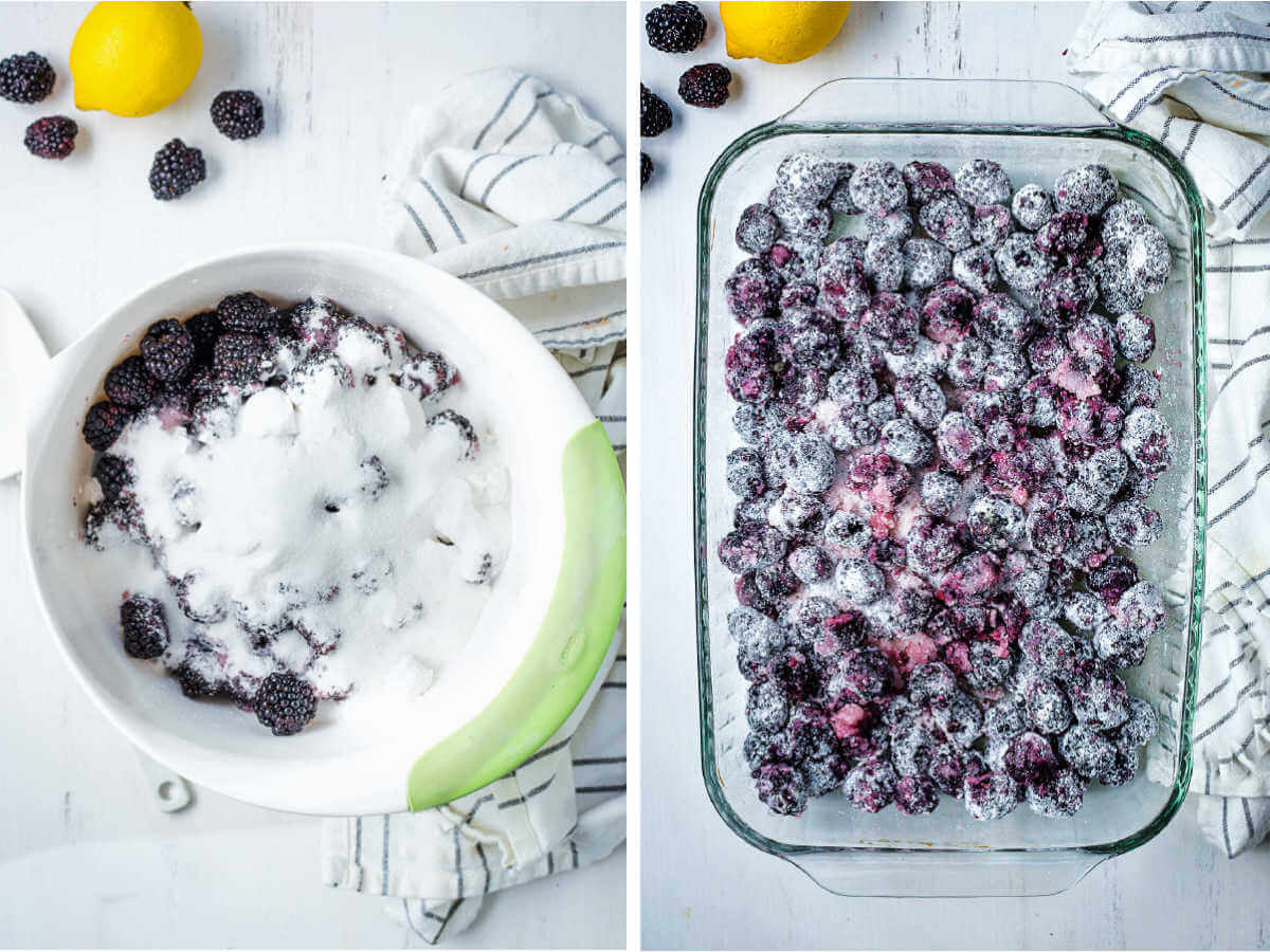 Blackberries in a bowl with sugar, flour, and lemon juice; blackberries in a baking dish.