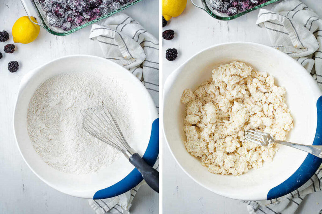 Stirring together a biscuit-like dough to go on top of blackberry cobbler.