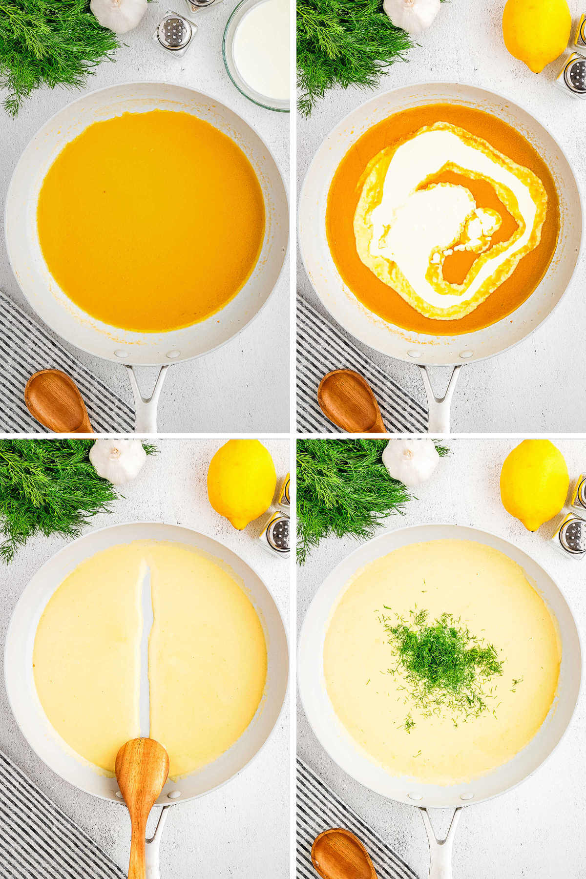 Process steps for making dill cream sauce in a skillet.