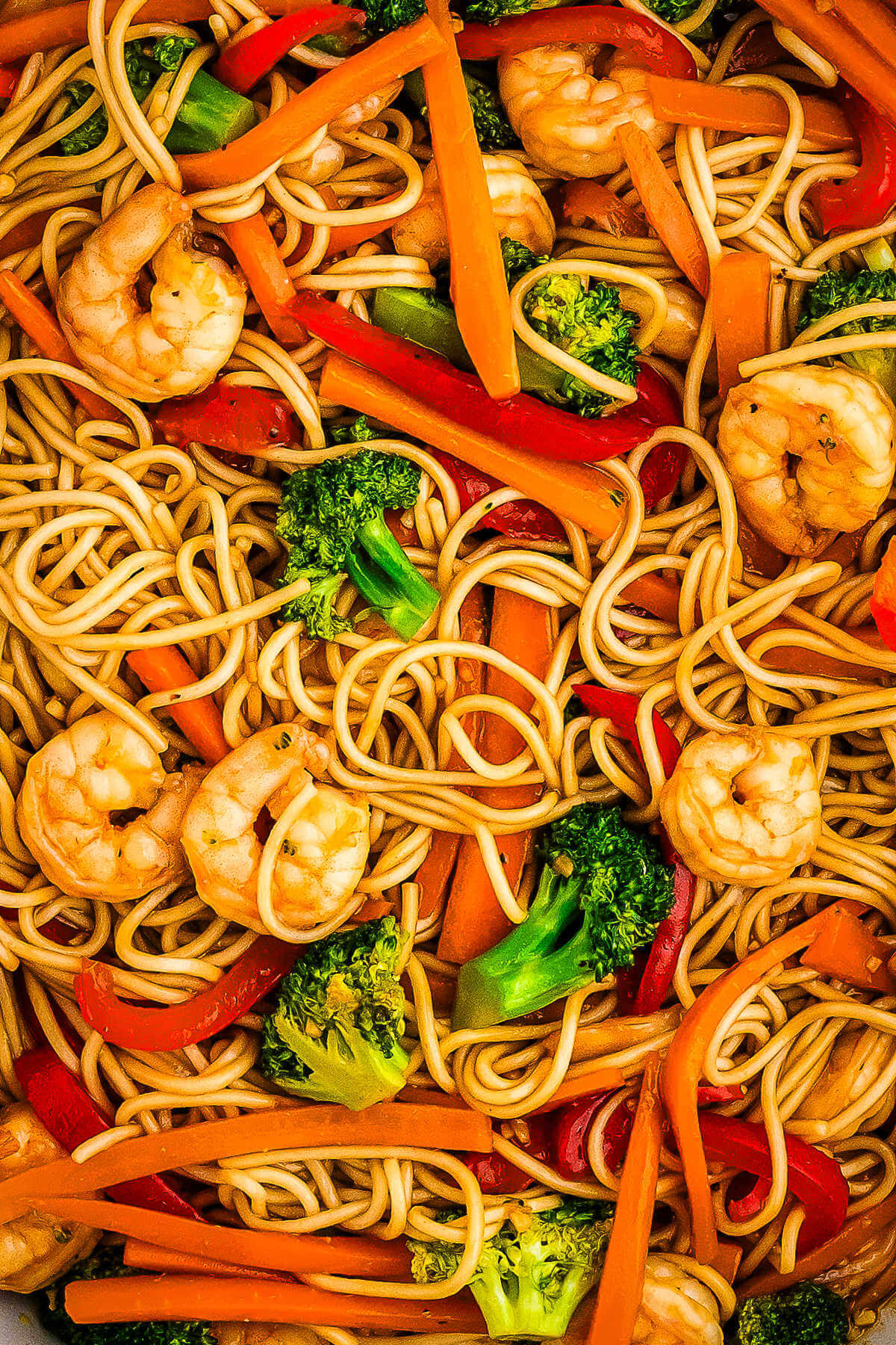 Close up shot of shrimo lo mein noodles.