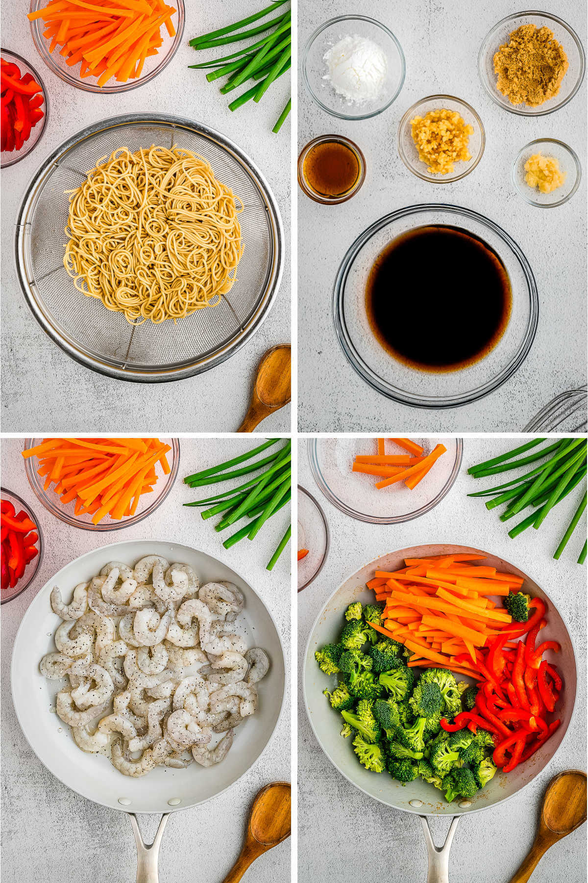 Process steps for making a lo mein recipe: cook and drain noodles; stir together sauce; cook shrimp; stir fry vegetables.