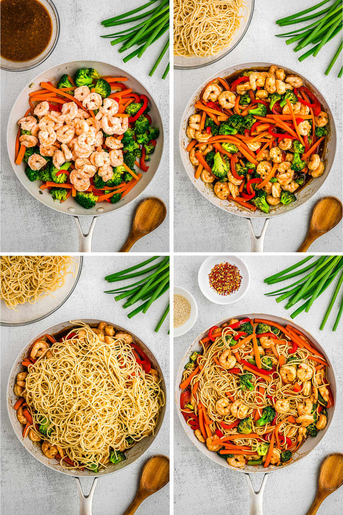 Combining cooked shrimp, vegetables, noodles, and sauce in a large skillet.