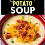 Loaded Potato Soup topped with cheese and bacon in a bowl.