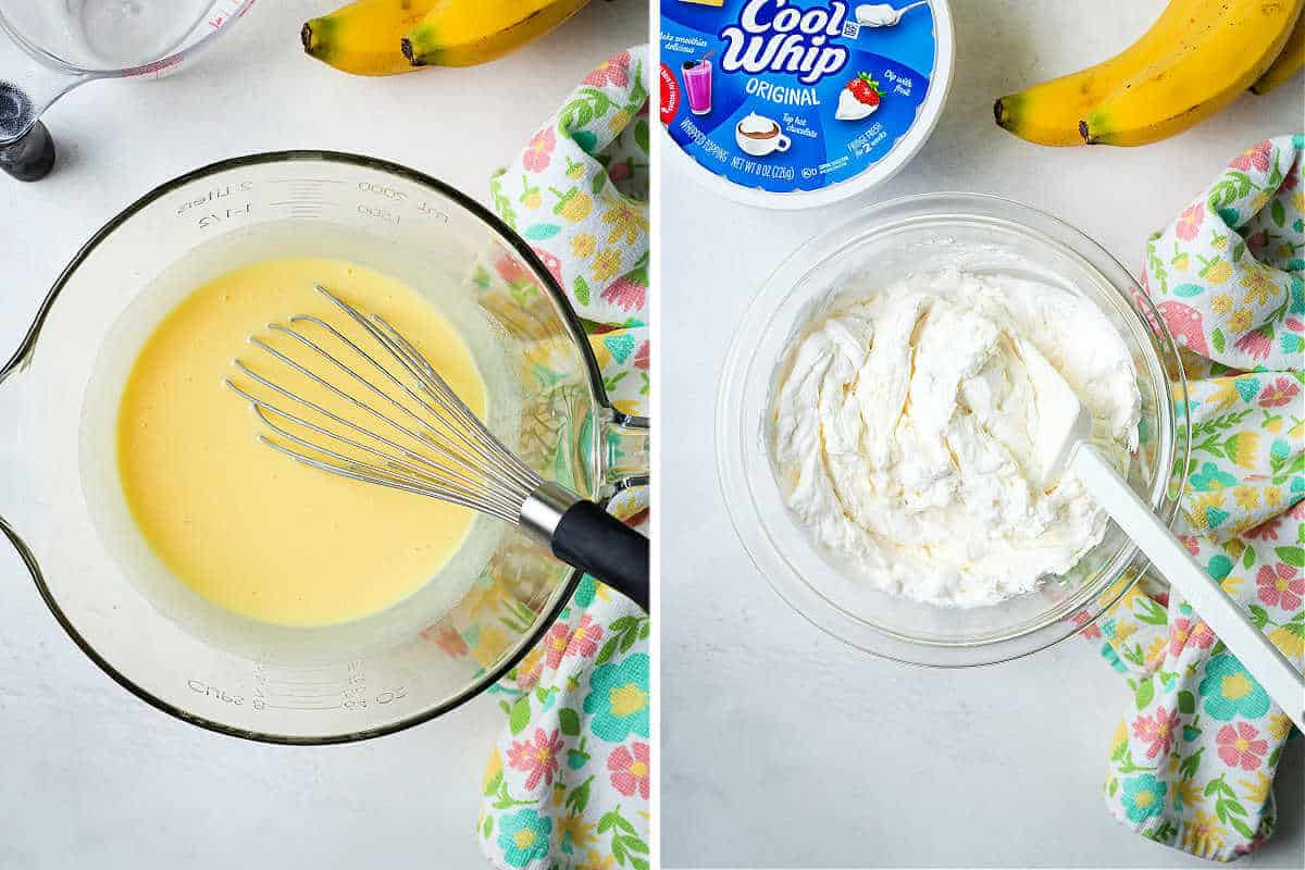 Process steps for making banana pudding: mix instant pudding with milk; beat cream cheese with Cool Whip.