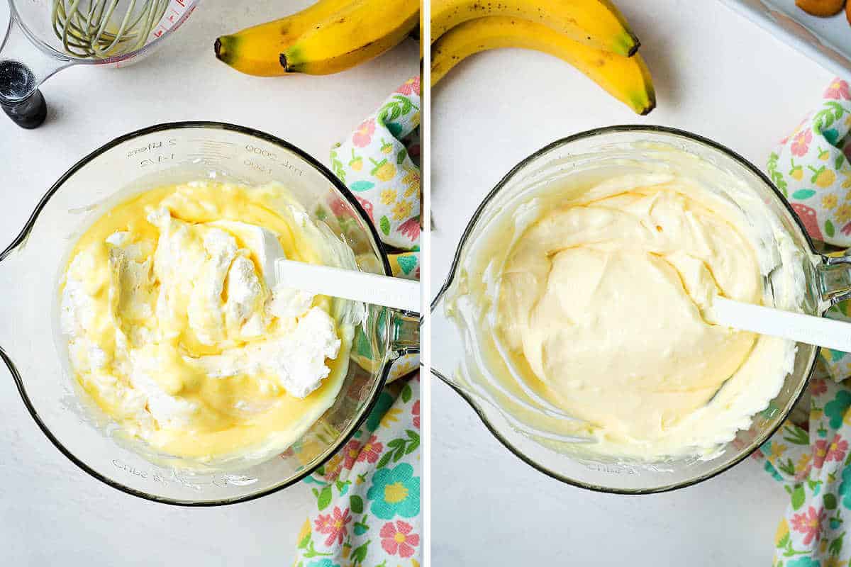 Process steps for making banana pudding: fold cream cheese mixture into pudding.