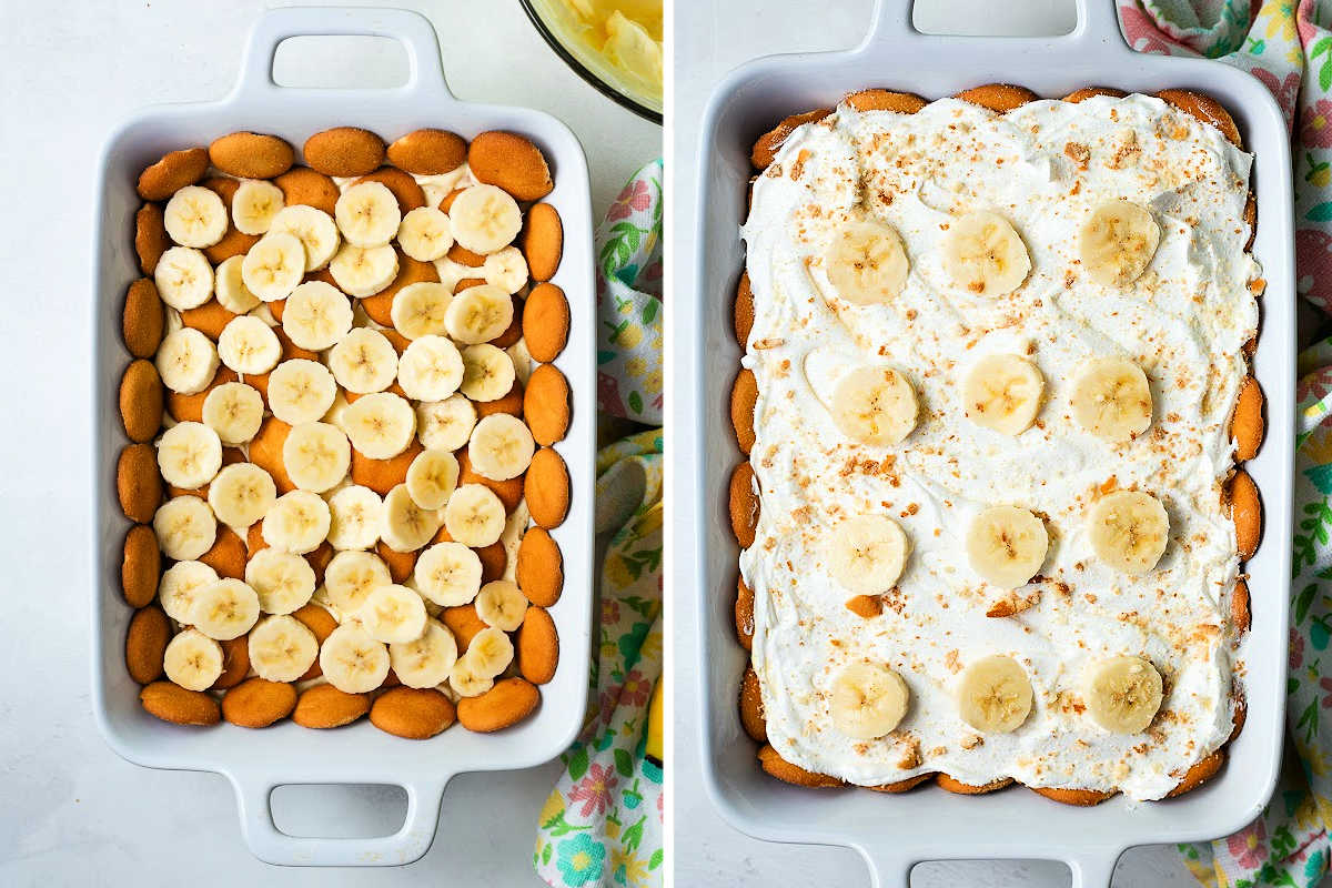 Process steps for making banana pudding: top layers with Cool Whip and crushed wafers.