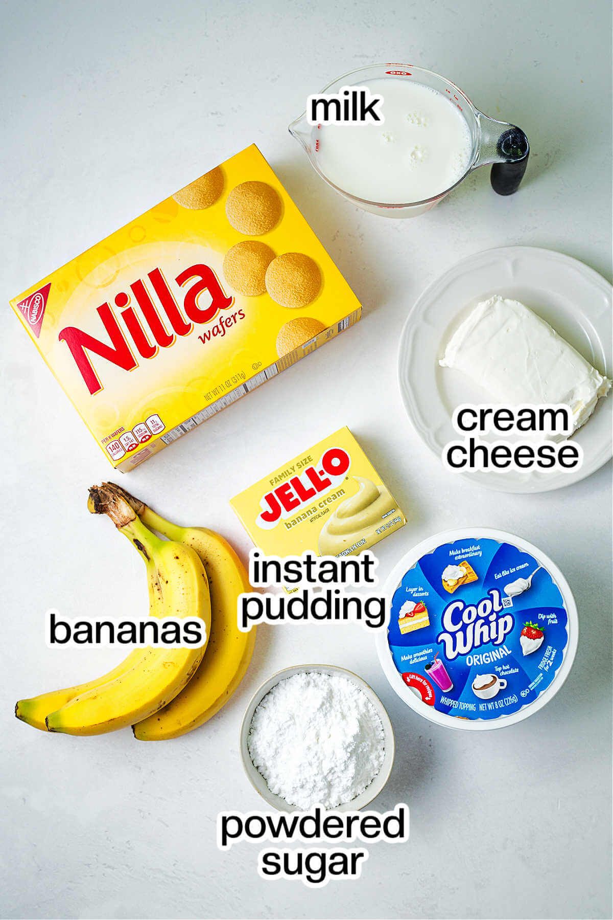 Ingredients for banana pudding on a table.