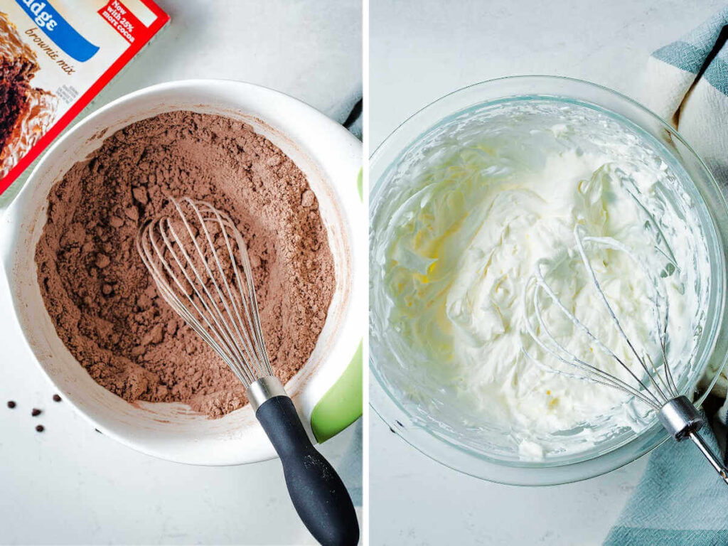 Brownie mix in a bowl with a whisk; a bowl of whipped cream with a wire whisk attachment.