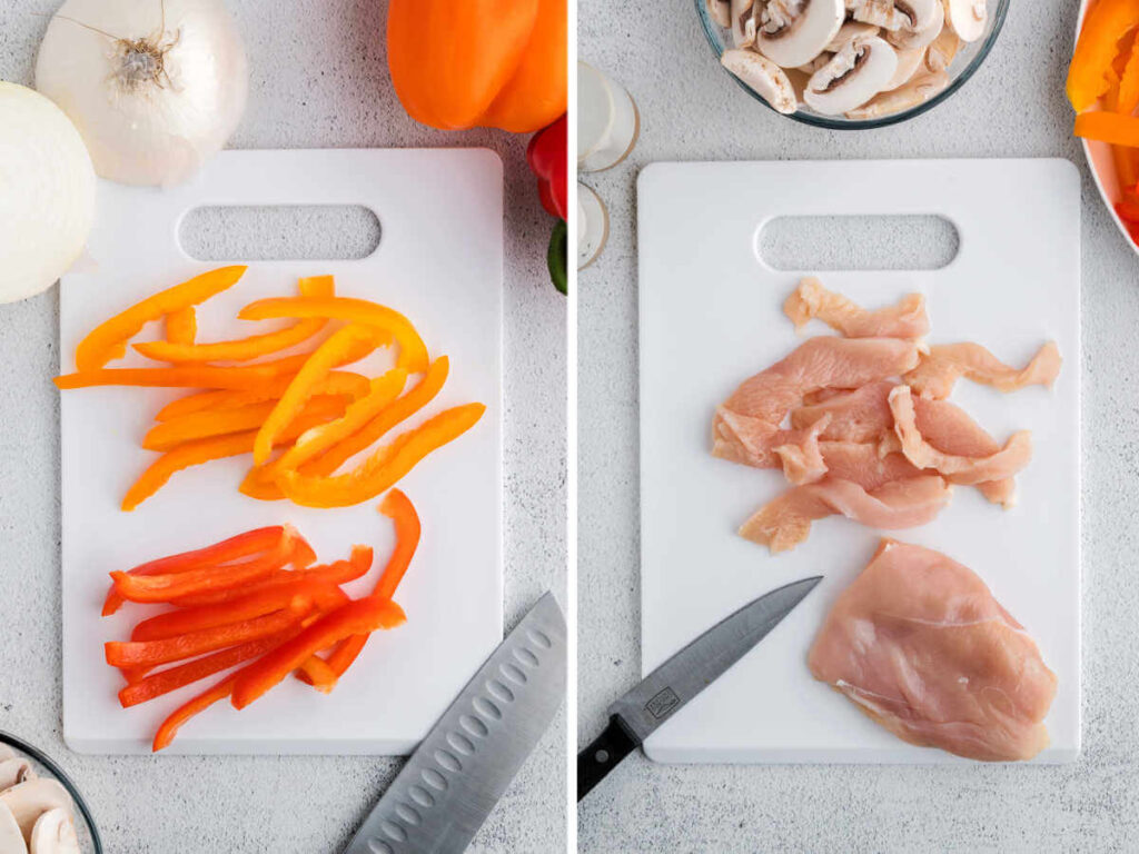 Sliced bell peppers and chicken on cutting boards.