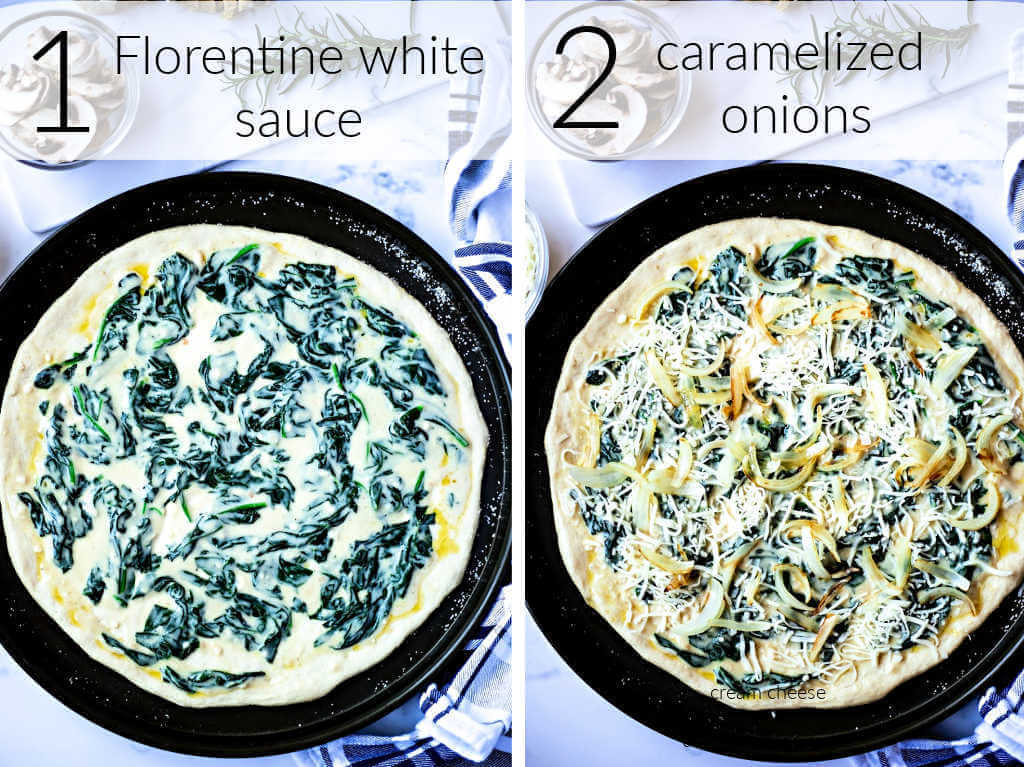 Florentine white sauce and caramelized onions layered on a pizza dough in a pan.