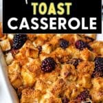 French Toast Casserole with Cream Cheese in a baking dish on a table.