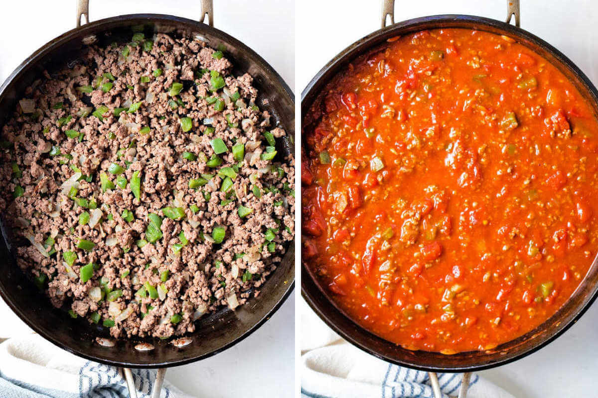 Process steps for preparing Mexican spaghetti: brown ground beef in a skillet; add spices and tomatoes.