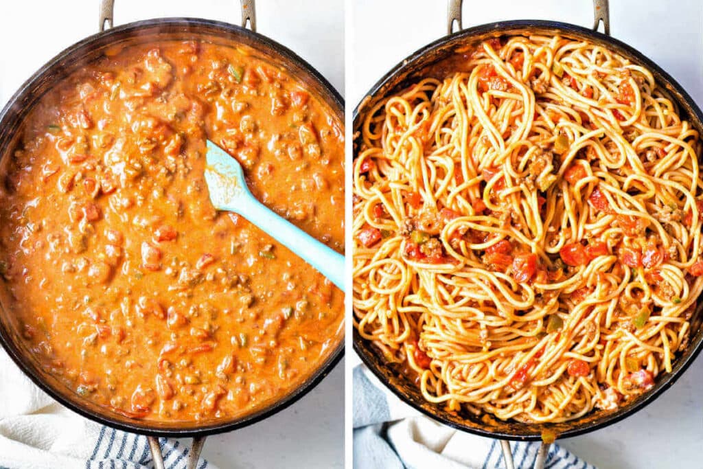 Process steps for preparing Mexican pasta bake: stir in cream cheese; mix in cooked spaghetti noodles.